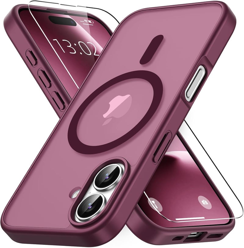 Vansdon Magnetic for iPhone 16 Case with 1 Protective Glass, Compatible with Magsafe, Military Standard Drop Protection, Translucent Matte Back, Shockproof Mobile Phone Case for iPhone 16 Case, Wine - Image 1