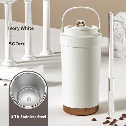 daiDokoro 5Stainless Steel Travel Coffee Thermos/Tumbler with Straw 8-Hour Hot & Cold Retention - Ivory White - Image 2