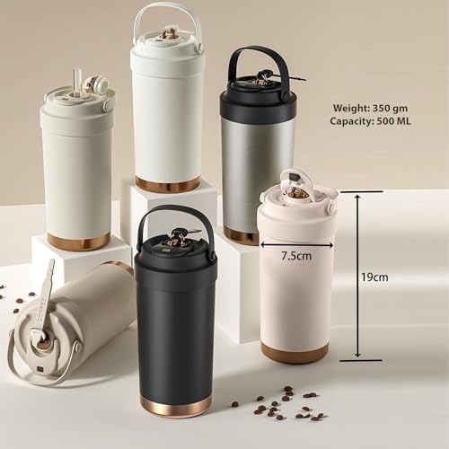 daiDokoro 5Stainless Steel Travel Coffee Thermos/Tumbler with Straw 8-Hour Hot & Cold Retention - Ivory White - Image 4
