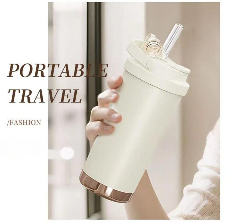 daiDokoro 5Stainless Steel Travel Coffee Thermos/Tumbler with Straw 8-Hour Hot & Cold Retention - Ivory White - Image 3