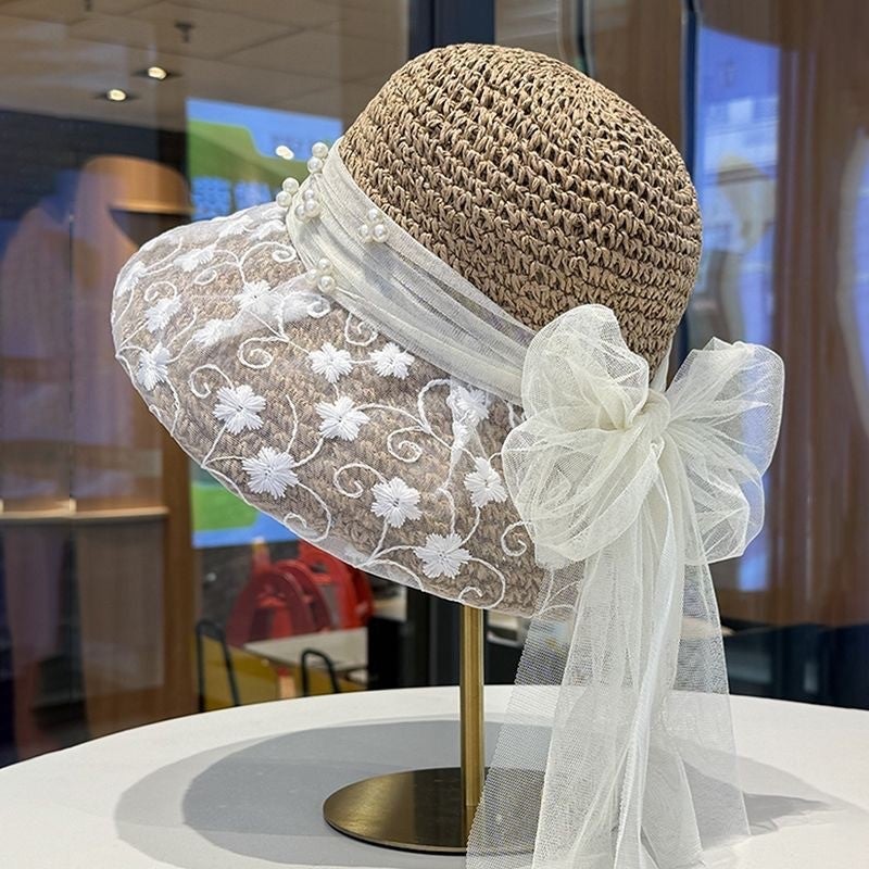 Summer Casual Straw Hat with Lace Trim - Sun Protection & Breathable Wide Brim Hat for Beach Outdoor