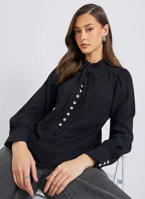 Styli Black Solid Long Sleeve Blouse