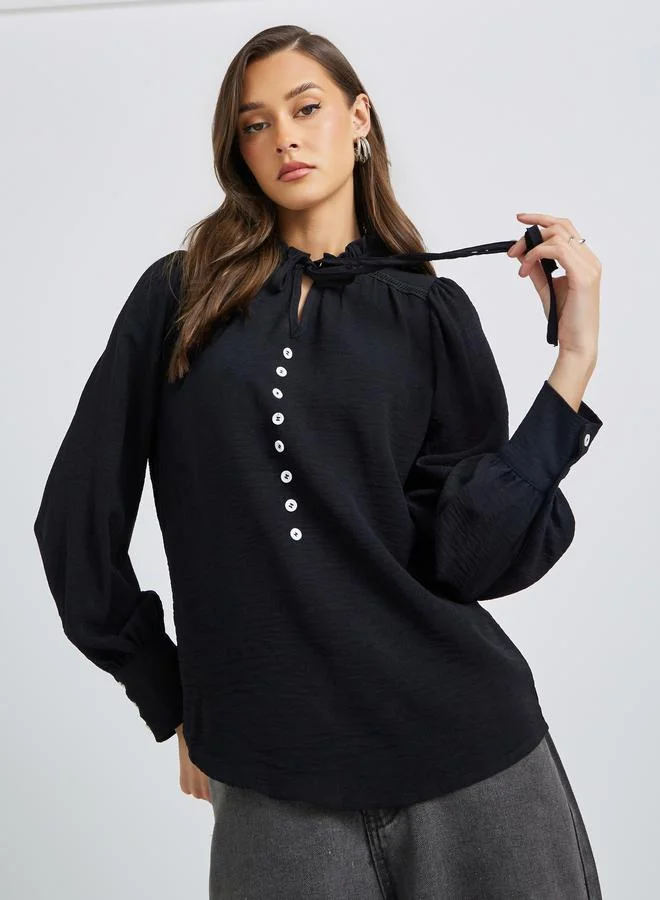 Styli Styli Black Solid Long Sleeve Blouse