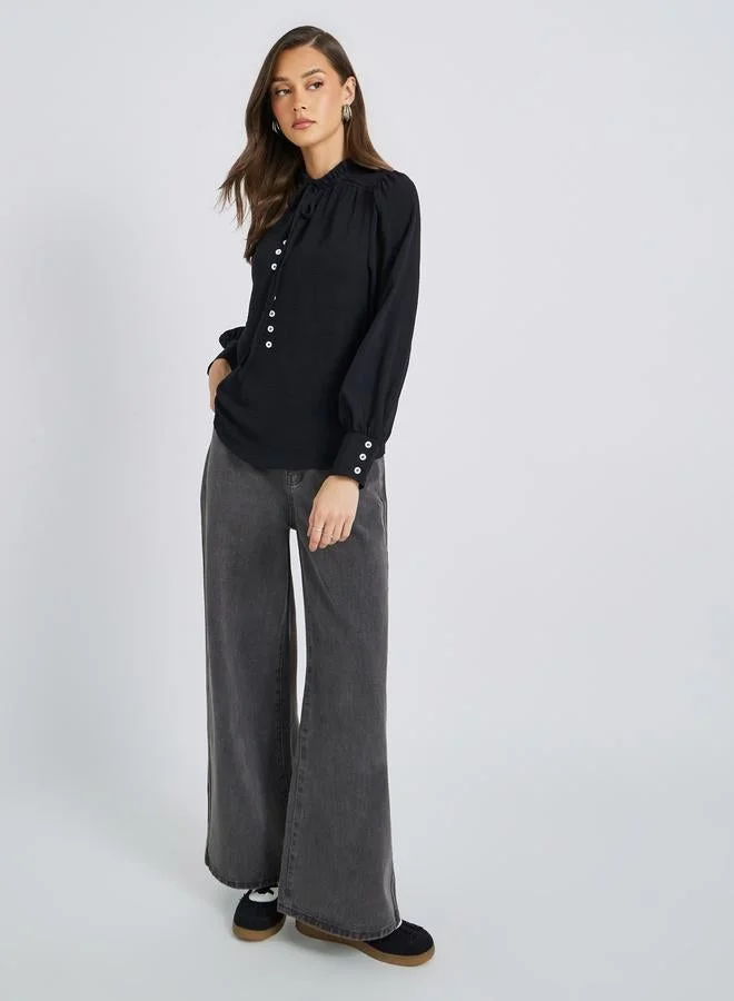 Styli Styli Black Solid Long Sleeve Blouse