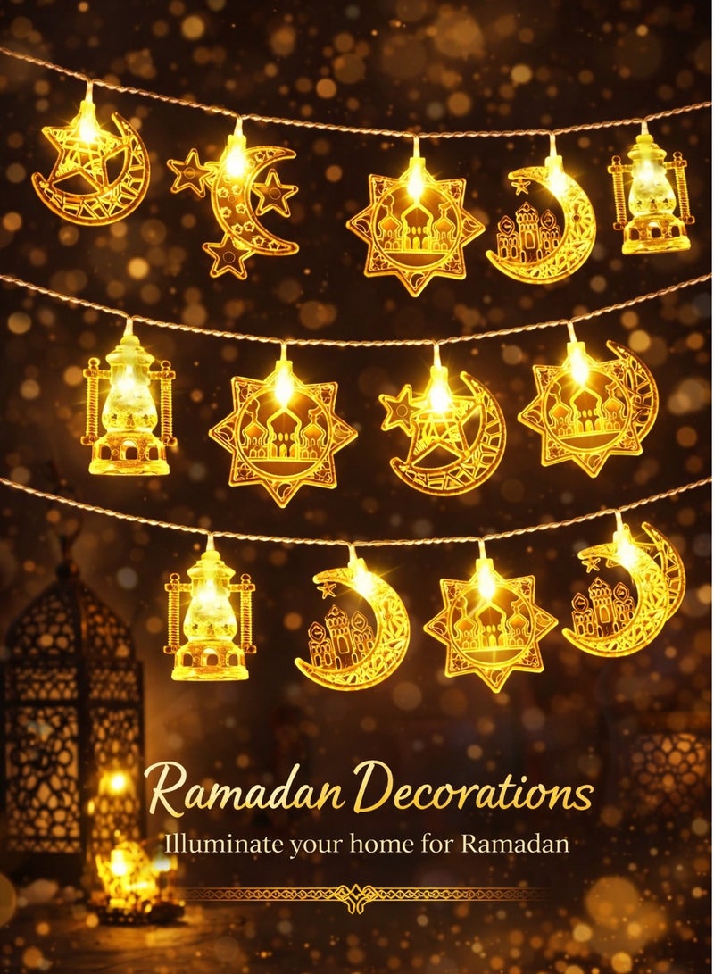 AL THURAYAT Ramadan LED string lights with crescent, star, mosque, and lantern designs – warm lighting for decorations and celebrations, Ramadan decorative hanging lights with crescent and lantern designs in gold. - Image 2