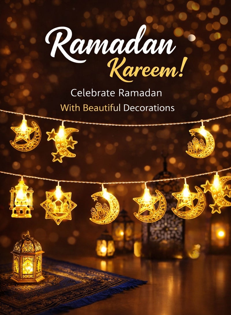 AL THURAYAT Ramadan LED string lights with crescent, star, mosque, and lantern designs – warm lighting for decorations and celebrations, Ramadan decorative hanging lights with crescent and lantern designs in gold. - Image 5