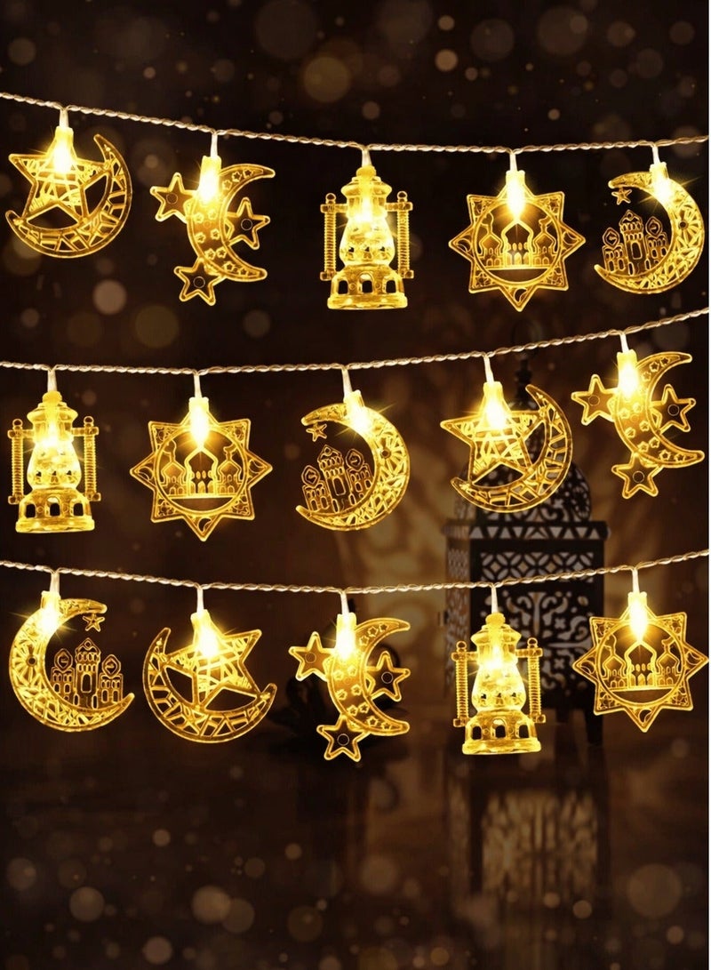 AL THURAYAT Ramadan LED string lights with crescent, star, mosque, and lantern designs – warm lighting for decorations and celebrations, Ramadan decorative hanging lights with crescent and lantern designs in gold. - Image 1