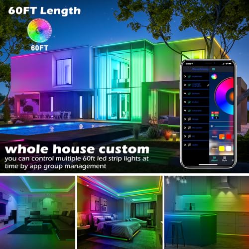 AILBTON Led Strip Lights,60ft Music Sync Color Changing, Built-in Mic,Bluetooth App Control LED Tape Lights with Remote,5050 RGB Rope Light Strips - Image 2