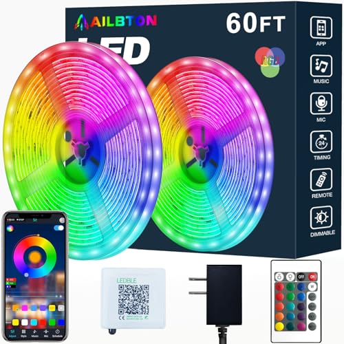AILBTON Led Strip Lights,60ft Music Sync Color Changing, Built-in Mic,Bluetooth App Control LED Tape Lights with Remote,5050 RGB Rope Light Strips - Image 1