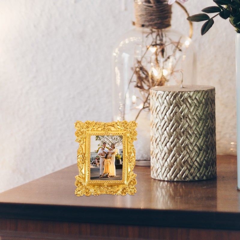 Retro Resin Picture Frame Golden Mini Photo Frame Desktop Ornament Photo Prop for Bedroom - Image 2