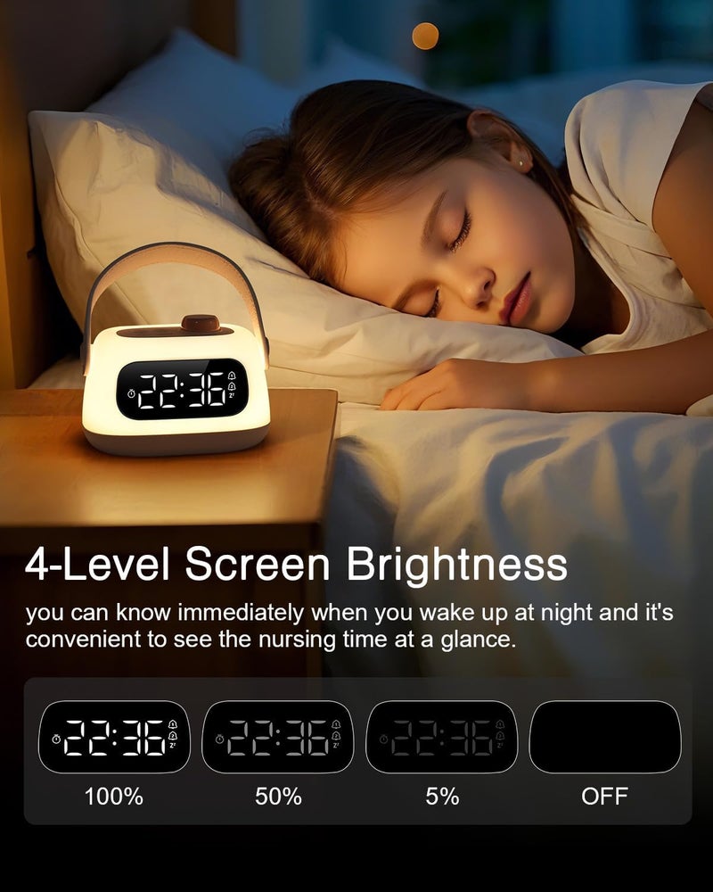 ORIA Baby Night Light with Clock, Nursery Night Lamp with Dual Alarms, Snooze, Timer, Adjustable Brightness, Portable Rechargeable Bedside Clock for Bedroom Baby Room Breastfeeding - Image 3