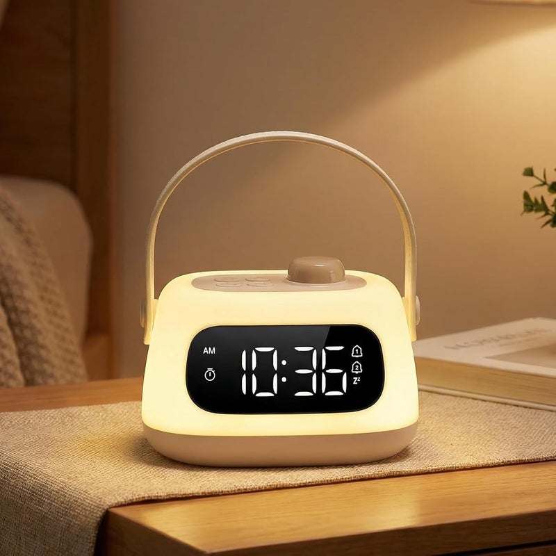 ORIA Baby Night Light with Clock, Nursery Night Lamp with Dual Alarms, Snooze, Timer, Adjustable Brightness, Portable Rechargeable Bedside Clock for Bedroom Baby Room Breastfeeding - Image 1
