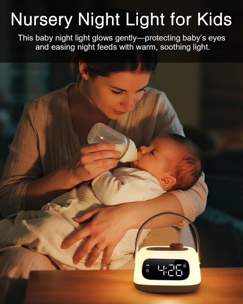 ORIA Baby Night Light with Clock, Nursery Night Lamp with Dual Alarms, Snooze, Timer, Adjustable Brightness, Portable Rechargeable Bedside Clock for Bedroom Baby Room Breastfeeding - Image 2