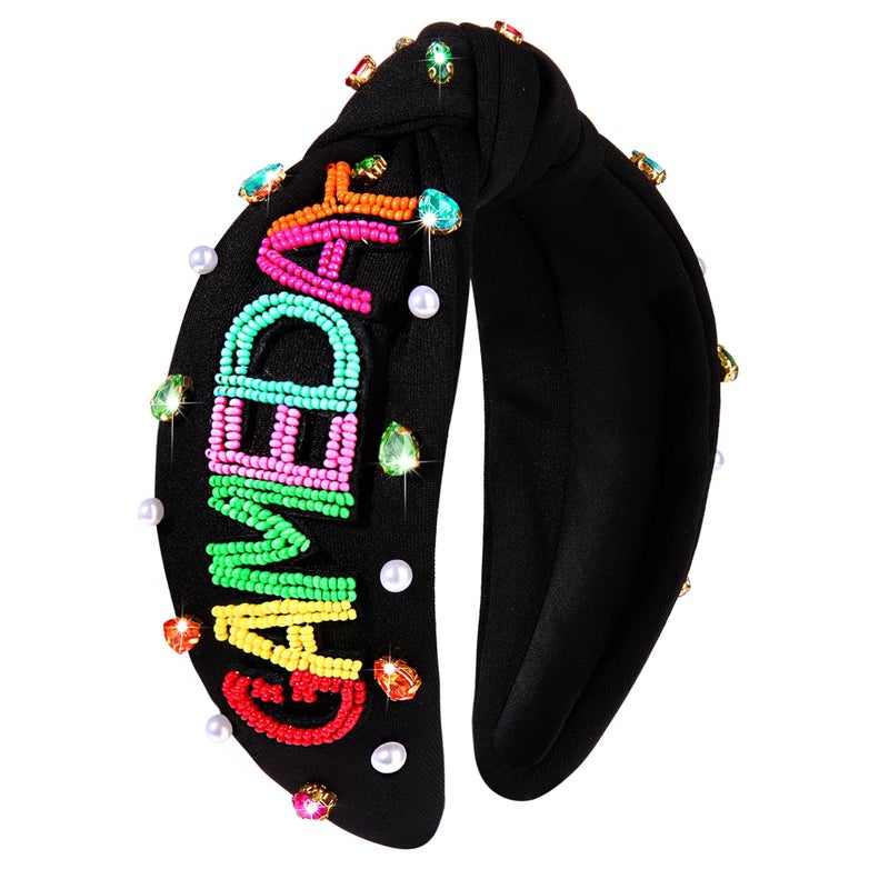 YAHPERN Crystal Pearl Knotted Headbands Jeweled Wide Top Knot Headband for Women Sports Baseball Football Hair Accessories Black