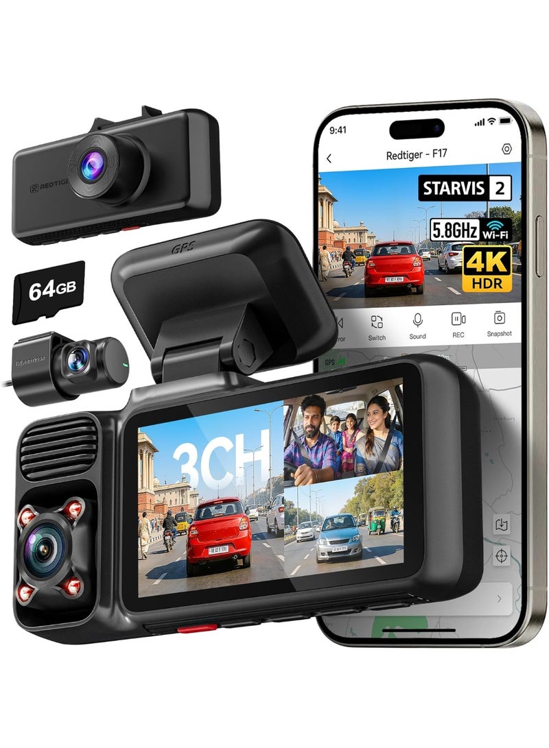REDTIGER 4K 3 Channel Dash Cam Car  2026 Edition 5G WiFi GPS, Free 64GB Map, 4K Front + 1080P Cabin + 1080P Rear, and Indoor, Loop Recording, Triple Car Camera with 3 Inch Screen, IR Night Vision, Parking Mode STARVIS 2 IMX675 Sensor - Image 1