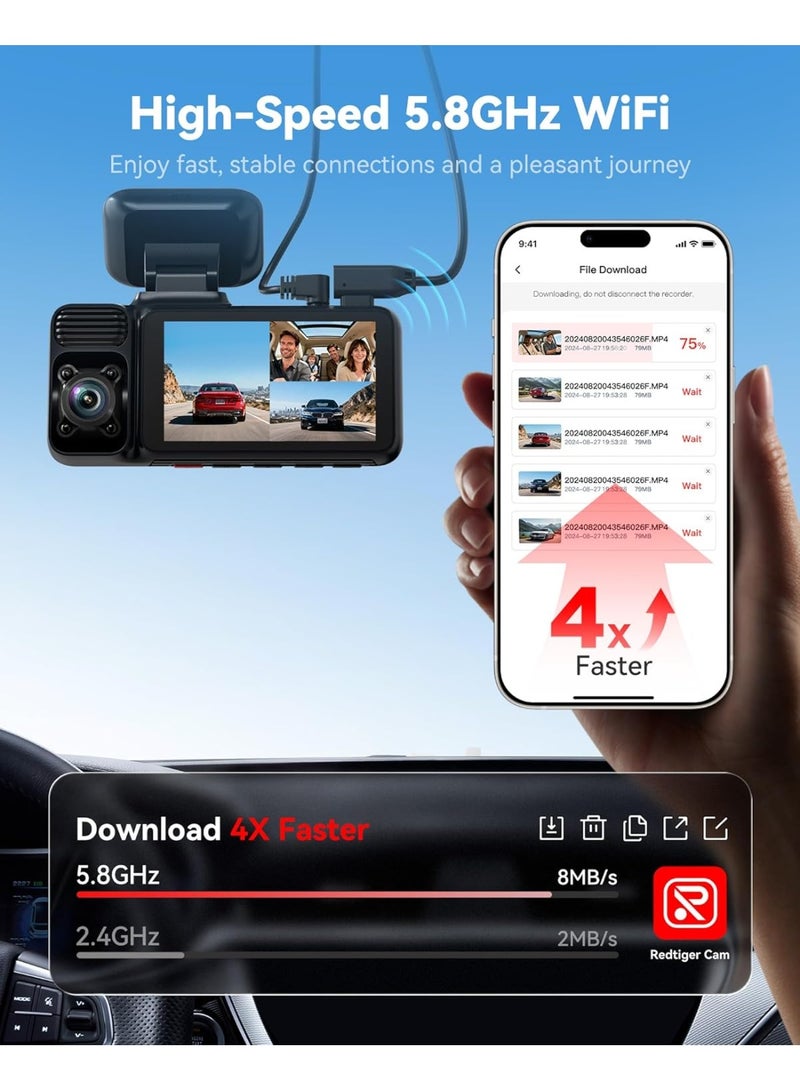 REDTIGER 4K 3 Channel Dash Cam Car  2026 Edition 5G WiFi GPS, Free 64GB Map, 4K Front + 1080P Cabin + 1080P Rear, and Indoor, Loop Recording, Triple Car Camera with 3 Inch Screen, IR Night Vision, Parking Mode STARVIS 2 IMX675 Sensor - Image 5