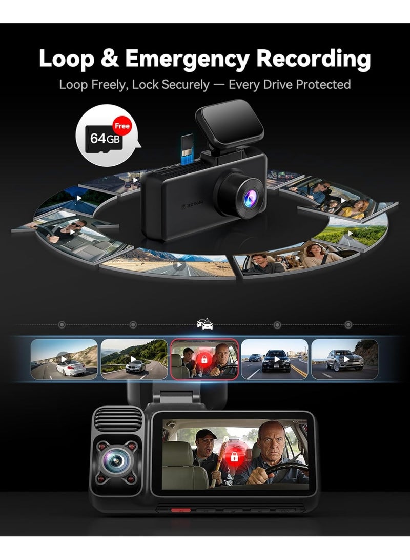 REDTIGER 4K 3 Channel Dash Cam Car  2026 Edition 5G WiFi GPS, Free 64GB Map, 4K Front + 1080P Cabin + 1080P Rear, and Indoor, Loop Recording, Triple Car Camera with 3 Inch Screen, IR Night Vision, Parking Mode STARVIS 2 IMX675 Sensor - Image 3