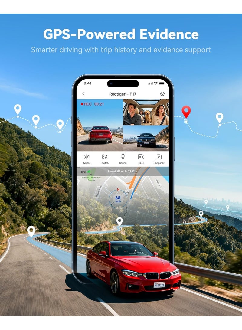 REDTIGER 4K 3 Channel Dash Cam Car  2026 Edition 5G WiFi GPS, Free 64GB Map, 4K Front + 1080P Cabin + 1080P Rear, and Indoor, Loop Recording, Triple Car Camera with 3 Inch Screen, IR Night Vision, Parking Mode STARVIS 2 IMX675 Sensor - Image 4