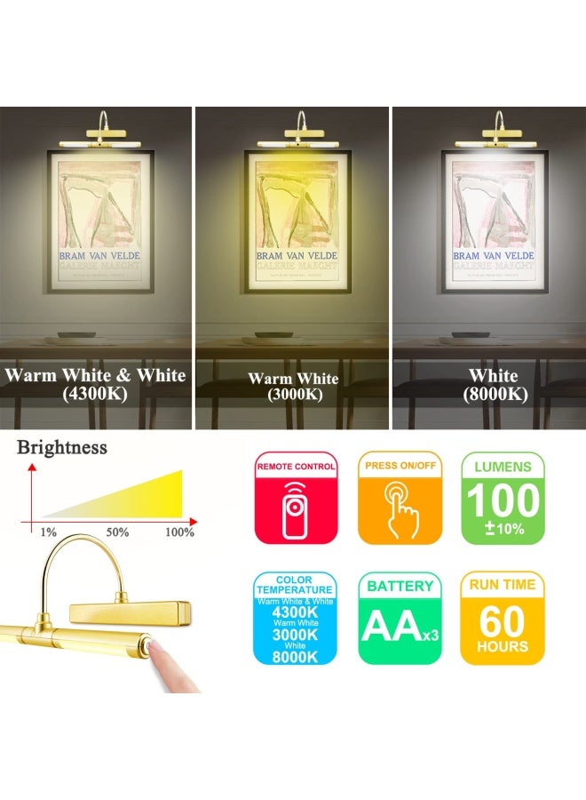 Biglight  Wireless Battery Powered Bright LED Picture Light with Remote Control 13 Inch Swivel Light Head with 3 Lighting Modes Dimmable Lamp for Painting Photo Portrait Art Picture Frame Gold  - Image 4