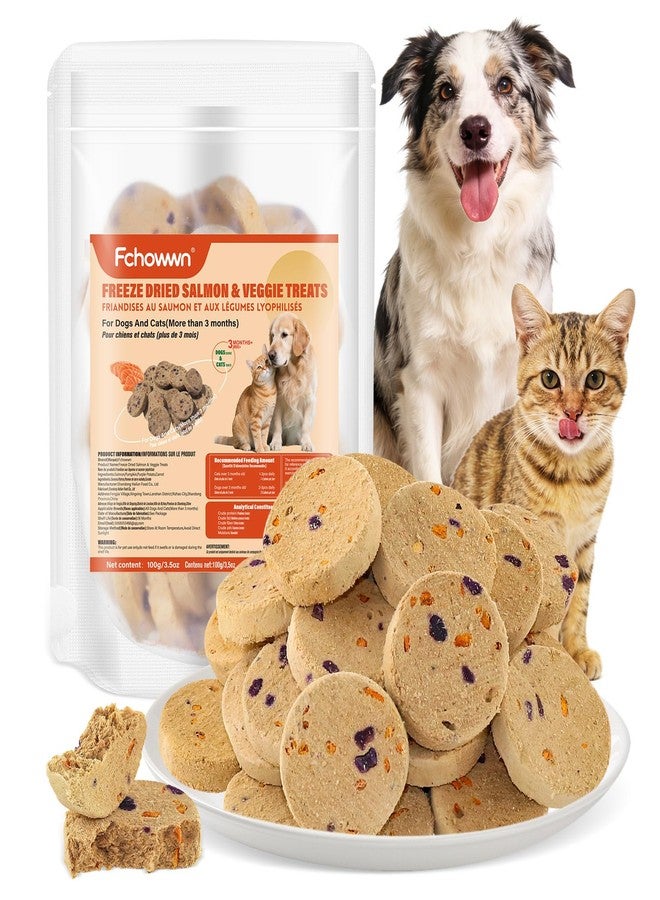 Fchowwn 100g/3.52oz Dehydrated Salmon&Veggie Treats for Cats and Dogs,Includes Pumpkin,Purple Potato and Carrot,All Natural and Delicious Snack Bites for Pets,Perfect for Training and Rewarding - Image 1