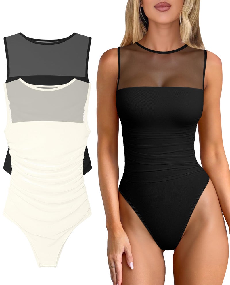 OQQ Women 2 Piece Bodysuit Mesh Ruched Sleeveless Turtle Neck Shapewear Body Suits One Piece Leotard Shirt Going Out Tops Black Beige - Image 1