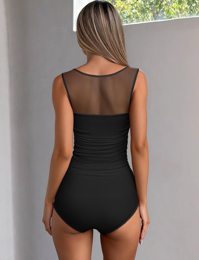 OQQ Women 2 Piece Bodysuit Mesh Ruched Sleeveless Turtle Neck Shapewear Body Suits One Piece Leotard Shirt Going Out Tops Black Beige - Image 5
