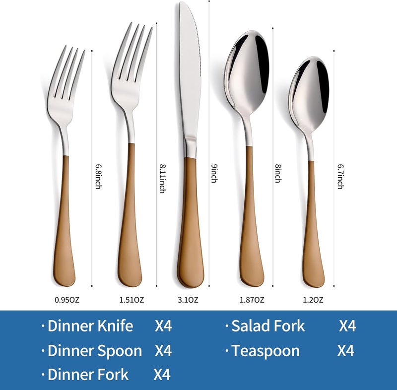 Moxinox 20-Piece Coffee Color Silverware Set 18/0 Stainless Steel Coffee Color Handle Flatware Set Service for 4 Modern Cutlery Set Includes Dinner Knives Forks Spoons, Mirror Polished Dishwasher Safe - Image 2