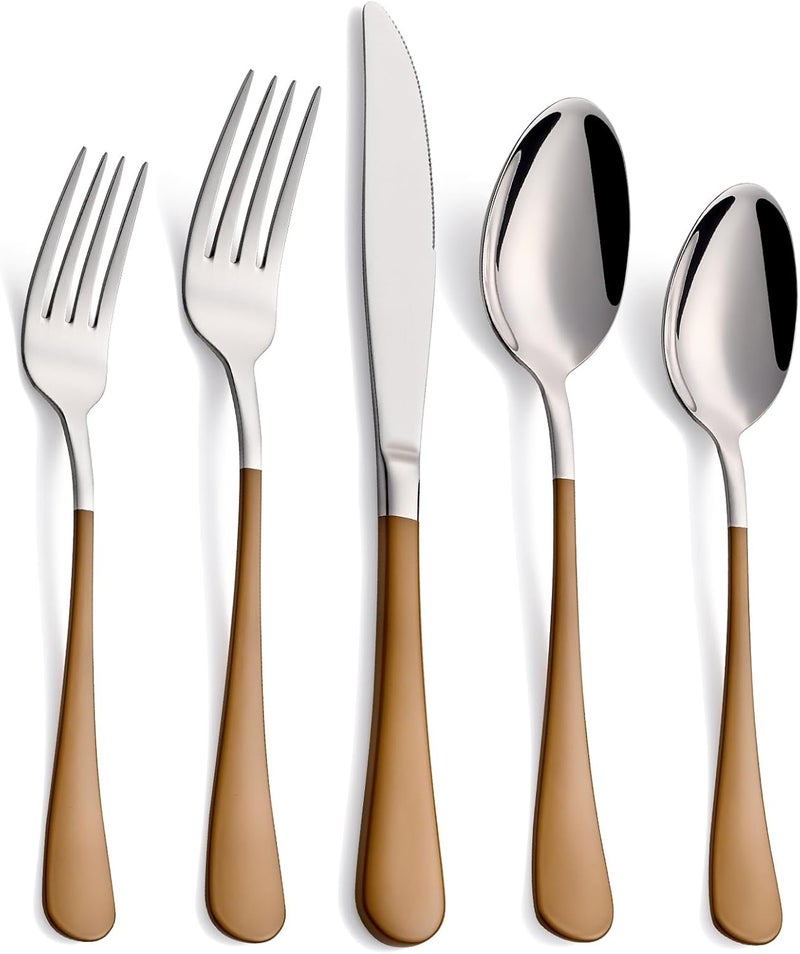 Moxinox 20-Piece Coffee Color Silverware Set 18/0 Stainless Steel Coffee Color Handle Flatware Set Service for 4 Modern Cutlery Set Includes Dinner Knives Forks Spoons, Mirror Polished Dishwasher Safe - Image 1