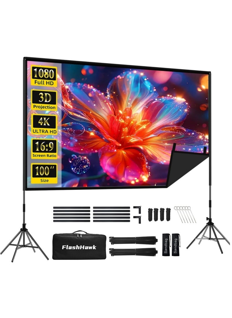 فلاشهوك شاشة عرض بروجكتر - 100 بوصة، 4K HD، 16:9، شاشة بروجكتر مع حامل متنقلة للاستخدام الخارجي والداخلي، شاشة عرض أمامية خلفية، شاشة عرض أفلام خفيفة الوزن مع إطار رباعي الأرجل، حقيبة حمل للسينما المنزلية شاشة البروجكتر  - Image 1