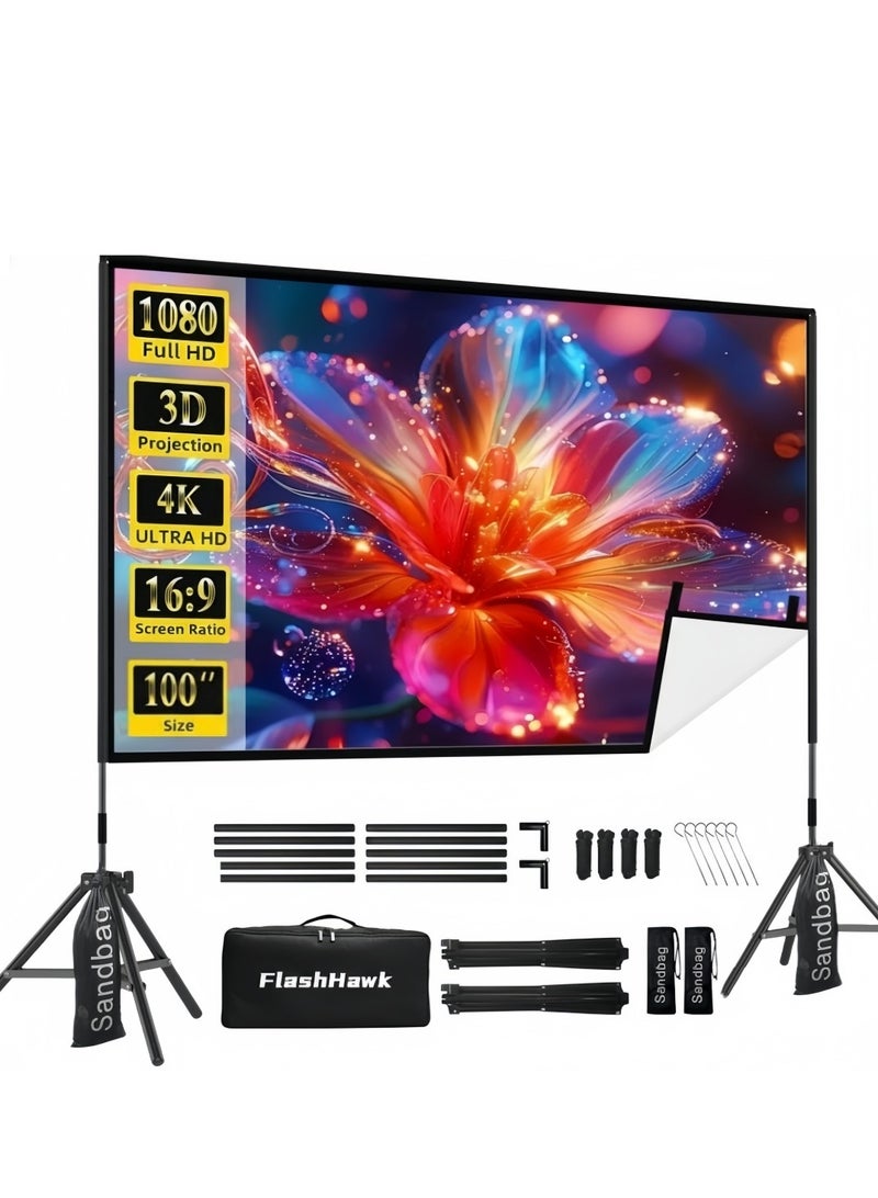 فلاشهوك شاشة عرض بروجكتر - 100 بوصة، 4K HD، 16:9، شاشة بروجكتر مع حامل متنقلة للاستخدام الخارجي والداخلي، شاشة عرض أمامية خلفية، شاشة عرض أفلام خفيفة الوزن مع إطار رباعي الأرجل، حقيبة حمل للسينما المنزلية شاشة البروجكتر - Image 1