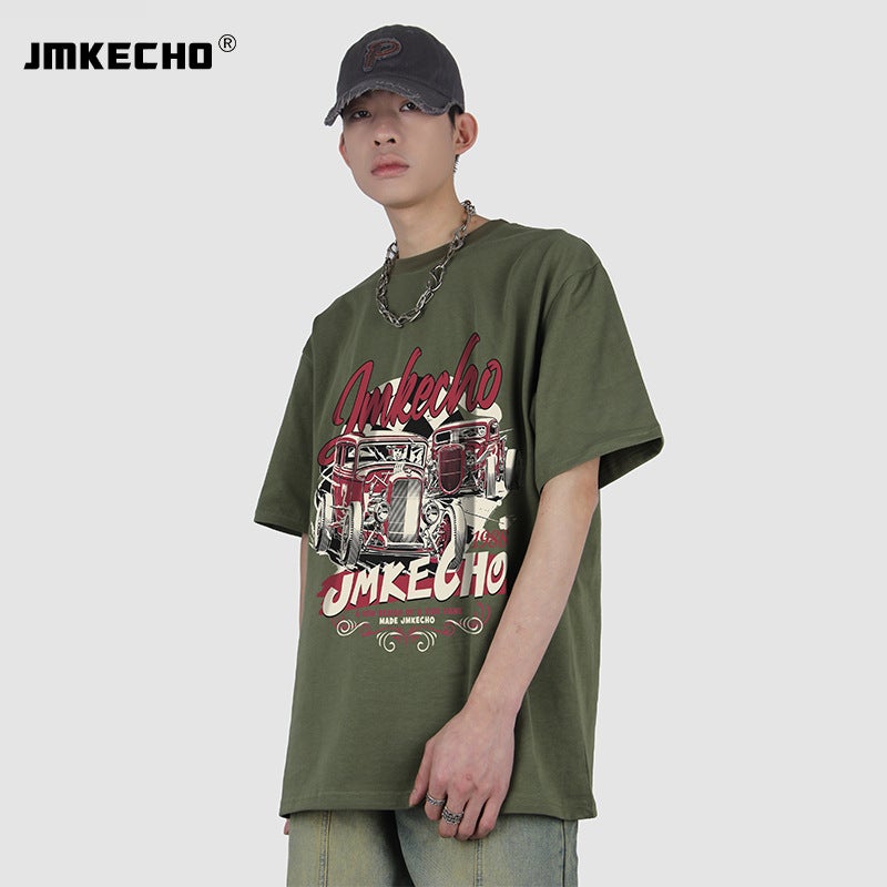 JMKECHO Men's American Style Retro Car Pattern Printed High Street Style oversize Men's and Women's Street Short Sleeve T-Shirt - Image 3