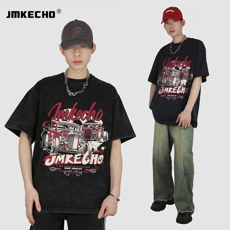 JMKECHO Men's American Style Retro Car Pattern Printed High Street Style oversize Men's and Women's Street Short Sleeve T-Shirt - Image 2