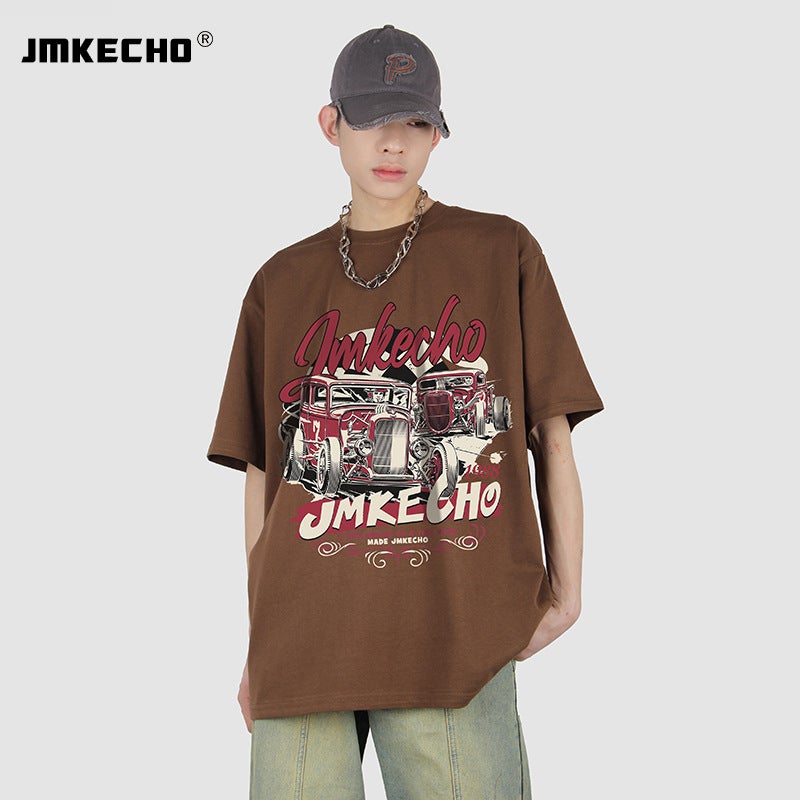 JMKECHO Men's American Style Retro Car Pattern Printed High Street Style oversize Men's and Women's Street Short Sleeve T-Shirt - Image 5