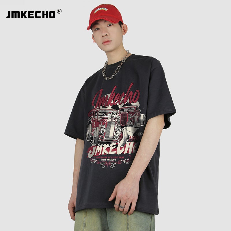 JMKECHO Men's American Style Retro Car Pattern Printed High Street Style oversize Men's and Women's Street Short Sleeve T-Shirt - Image 4