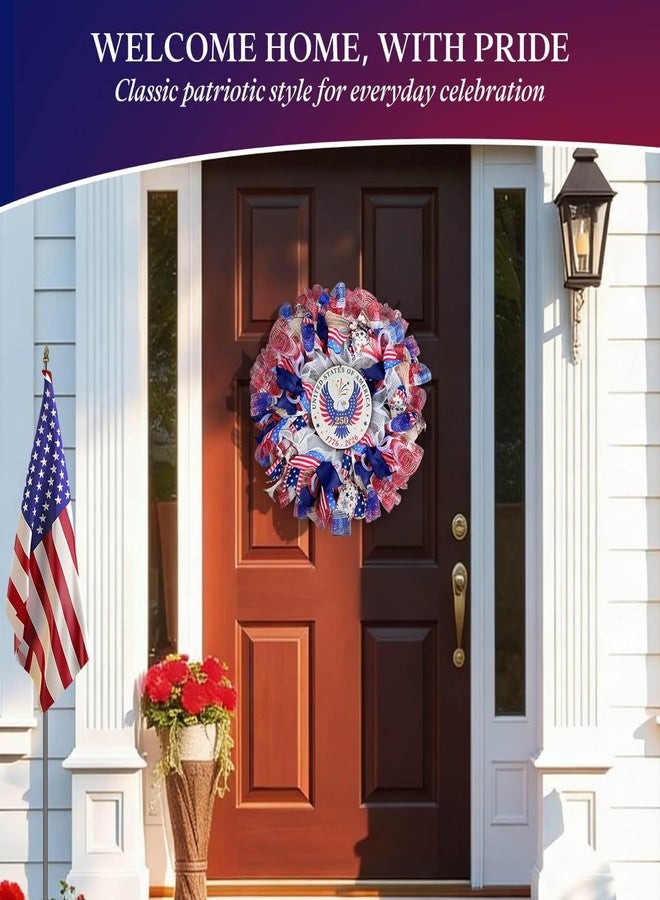 Presentastic 250th Anniversary Patriotic Wreaths for Front Door, 24 Inch Large 4th of July Wreath with Removable 1776-2026 Eagle Door Sign, Handcrafted Memorial Day Decorations with Light &Storage Bag - Image 2