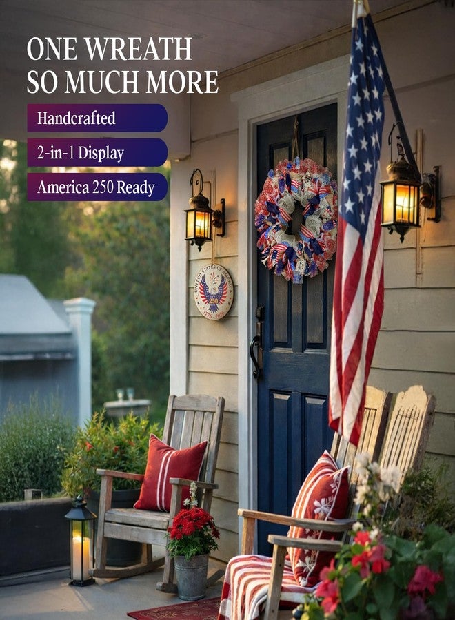 Presentastic 250th Anniversary Patriotic Wreaths for Front Door, 24 Inch Large 4th of July Wreath with Removable 1776-2026 Eagle Door Sign, Handcrafted Memorial Day Decorations with Light &Storage Bag - Image 4