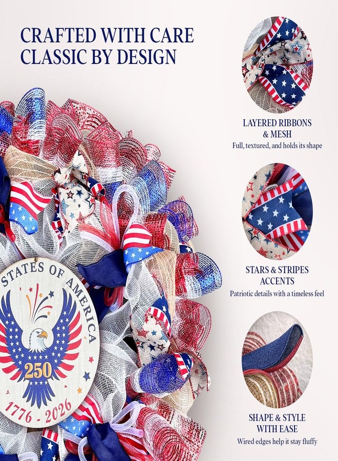 Presentastic 250th Anniversary Patriotic Wreaths for Front Door, 24 Inch Large 4th of July Wreath with Removable 1776-2026 Eagle Door Sign, Handcrafted Memorial Day Decorations with Light &Storage Bag - Image 3