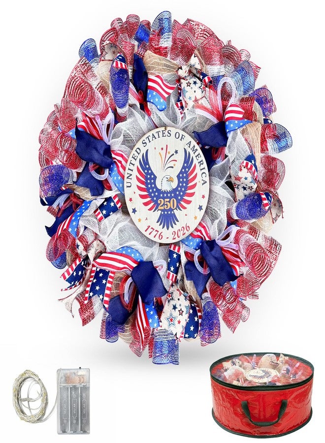 Presentastic 250th Anniversary Patriotic Wreaths for Front Door, 24 Inch Large 4th of July Wreath with Removable 1776-2026 Eagle Door Sign, Handcrafted Memorial Day Decorations with Light &Storage Bag - Image 1