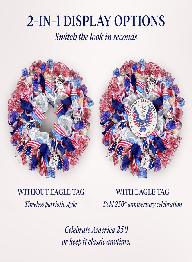 Presentastic 250th Anniversary Patriotic Wreaths for Front Door, 24 Inch Large 4th of July Wreath with Removable 1776-2026 Eagle Door Sign, Handcrafted Memorial Day Decorations with Light &Storage Bag - Image 5