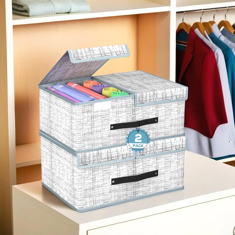 Criusia Pack of 2 Cloth Organizer for Wardrobe Small Foldable Storage Box with Double Lid Drawer Organiser Jute Print Grey - Image 1