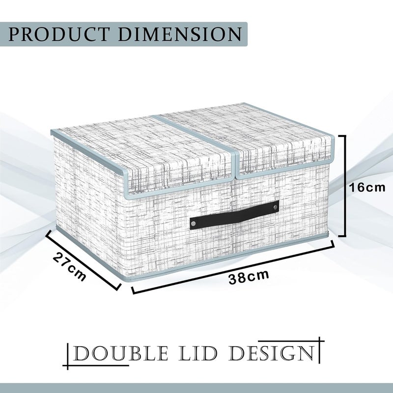 Criusia Pack of 2 Cloth Organizer for Wardrobe Small Foldable Storage Box with Double Lid Drawer Organiser Jute Print Grey - Image 3