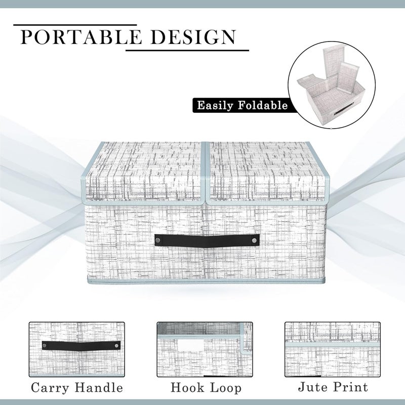 Criusia Pack of 2 Cloth Organizer for Wardrobe Small Foldable Storage Box with Double Lid Drawer Organiser Jute Print Grey - Image 4