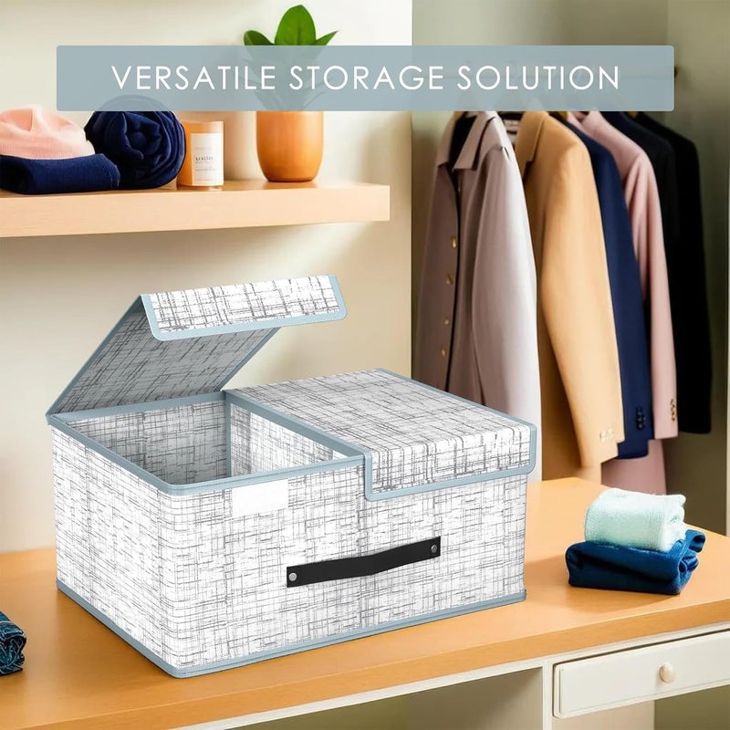 Criusia Pack of 2 Cloth Organizer for Wardrobe Small Foldable Storage Box with Double Lid Drawer Organiser Jute Print Grey - Image 5