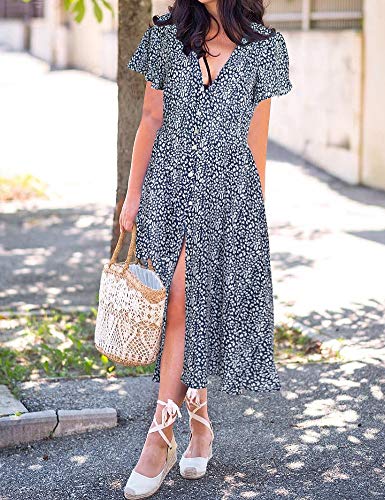 ROYLAMP Women's Floral Button Up Split Dress Deep V Short Bell Sleeve Flowy Midi Dress with Pockets Navy Blue M - Image 3