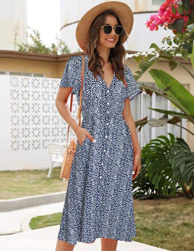 ROYLAMP Women's Floral Button Up Split Dress Deep V Short Bell Sleeve Flowy Midi Dress with Pockets Navy Blue M - Image 4