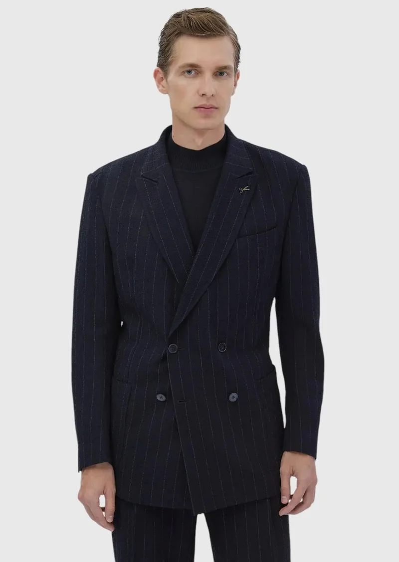 RAMSEY Navy Blue Striped Oversize Fit Cotton Blended Suit