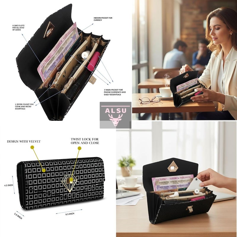 ALSU Women's Wallet Clutch Purse | 4 card pocket| twist lock closure| phone pocket - Image 4