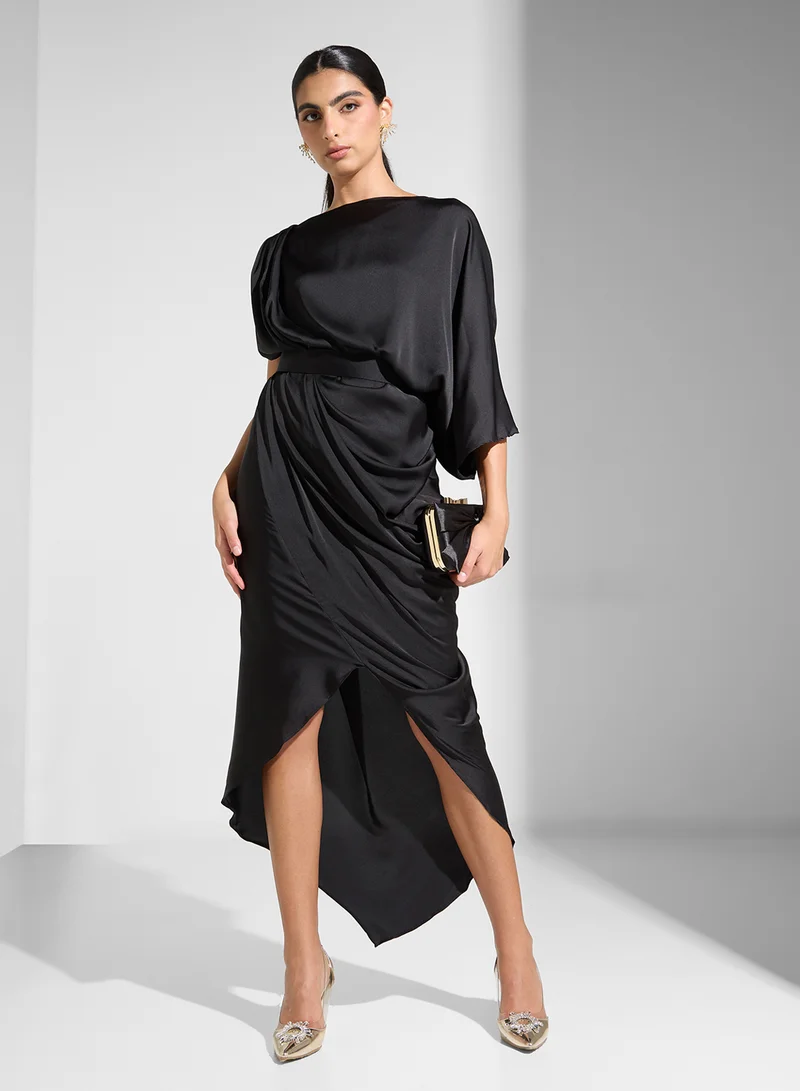 Golden Apple Asymmetric Satin Midi Dress