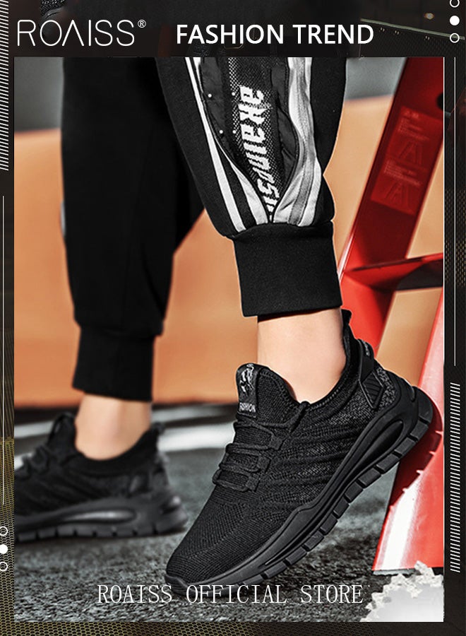 roaiss Casual Outdoor Sneakers for Men Breathable Non Slip Lace Up Mesh Running Shoes Mens Lightweight Soft Elastic Sole Athletic Sneaker Solid Color Flying Weaving Footwear Colorblock Sneakers  - Image 2