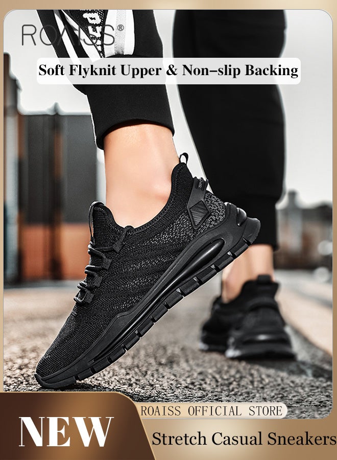 roaiss Casual Outdoor Sneakers for Men Breathable Non Slip Lace Up Mesh Running Shoes Mens Lightweight Soft Elastic Sole Athletic Sneaker Solid Color Flying Weaving Footwear Colorblock Sneakers  - Image 1
